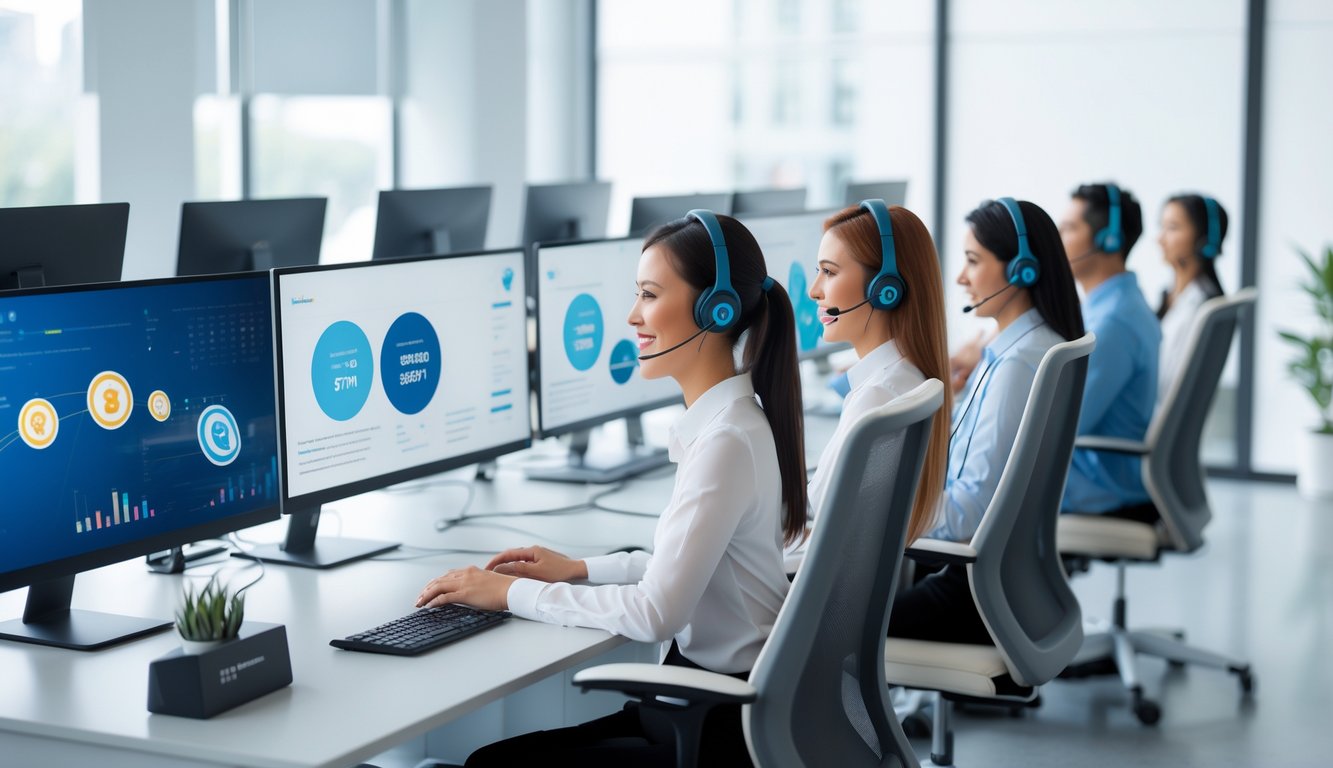 Tim layanan pelanggan yang ramah bekerja di kantor modern dengan komputer dan headset, memberikan dukungan kepada pelanggan secara online.