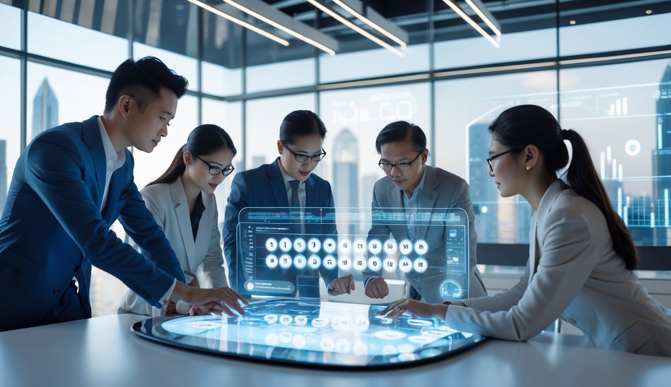 Sekelompok profesional bekerja bersama di ruang kerja modern dengan layar digital besar yang menampilkan data lotere secara transparan.