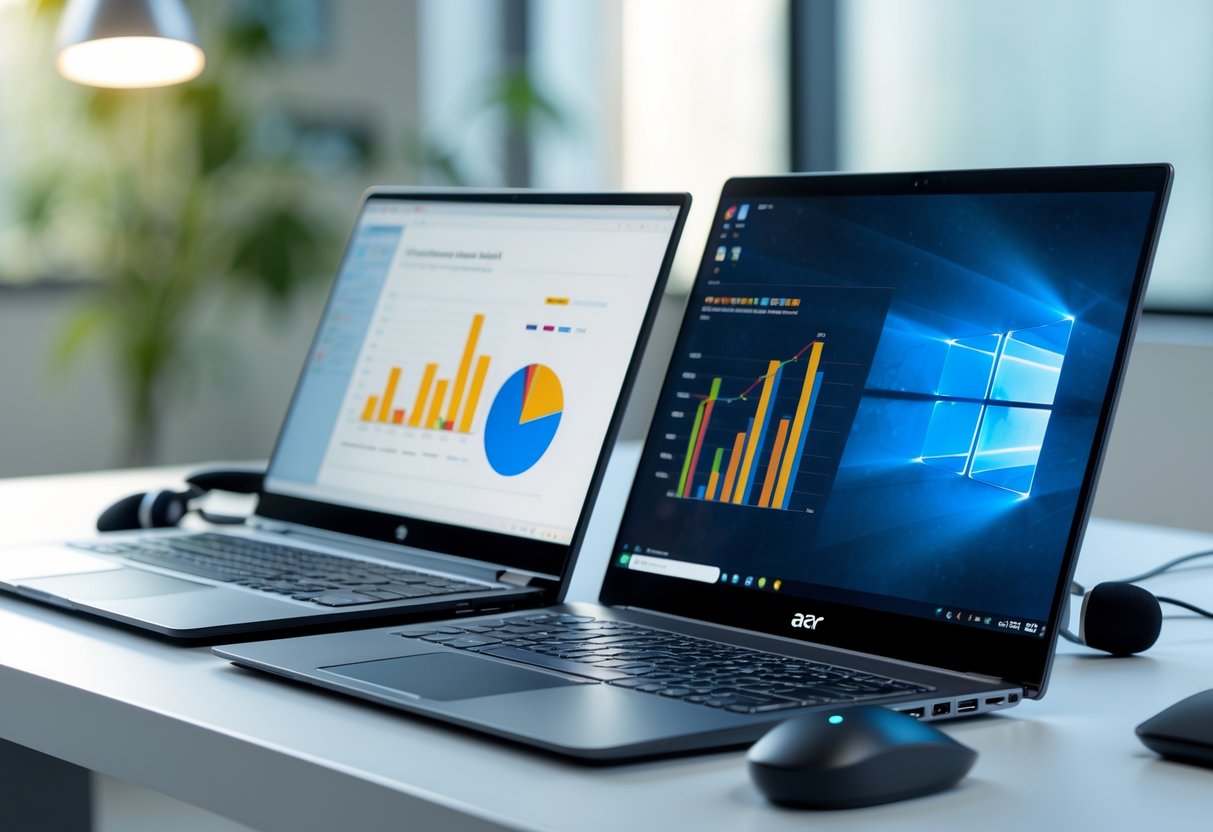 Two laptops side by side on a desk with bright screens in a modern office setting.