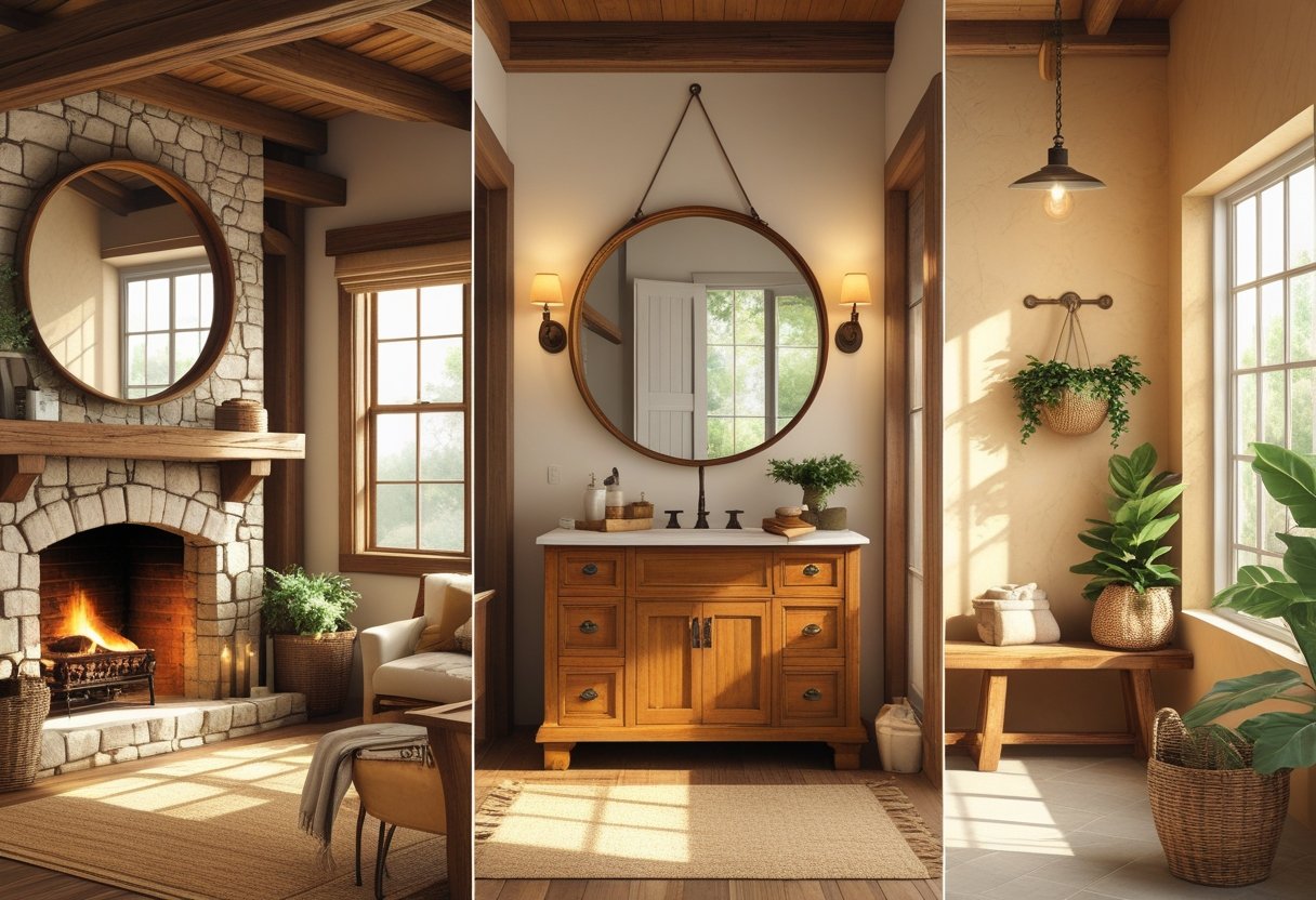 Three interior spaces featuring a rustic mirror: a farmhouse living room with a stone fireplace, a bathroom with a wooden vanity, and an entryway with a bench and plants.