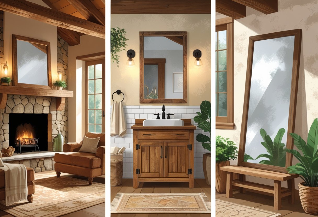 Three interior spaces featuring rustic mirrors: a living room with a mirror above a fireplace, a bathroom with a mirror above a sink, and an entryway with a mirror leaning against the wall.