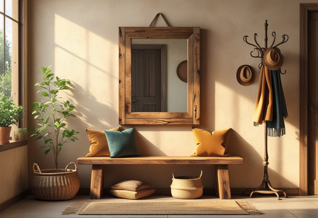 An entryway with a rustic wooden-framed mirror above a bench with cushions, a woven basket, a potted plant, and a coat rack with a hat and scarf.