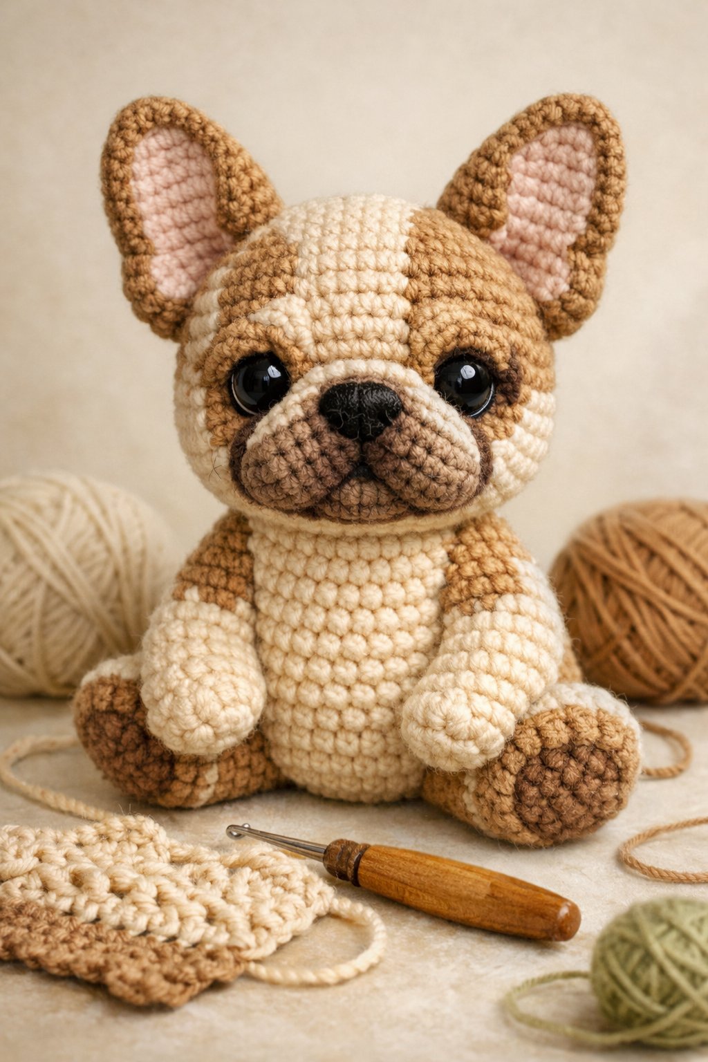 A crocheted French Bulldog plush toy sitting upright with yarn balls and crochet hooks nearby.
