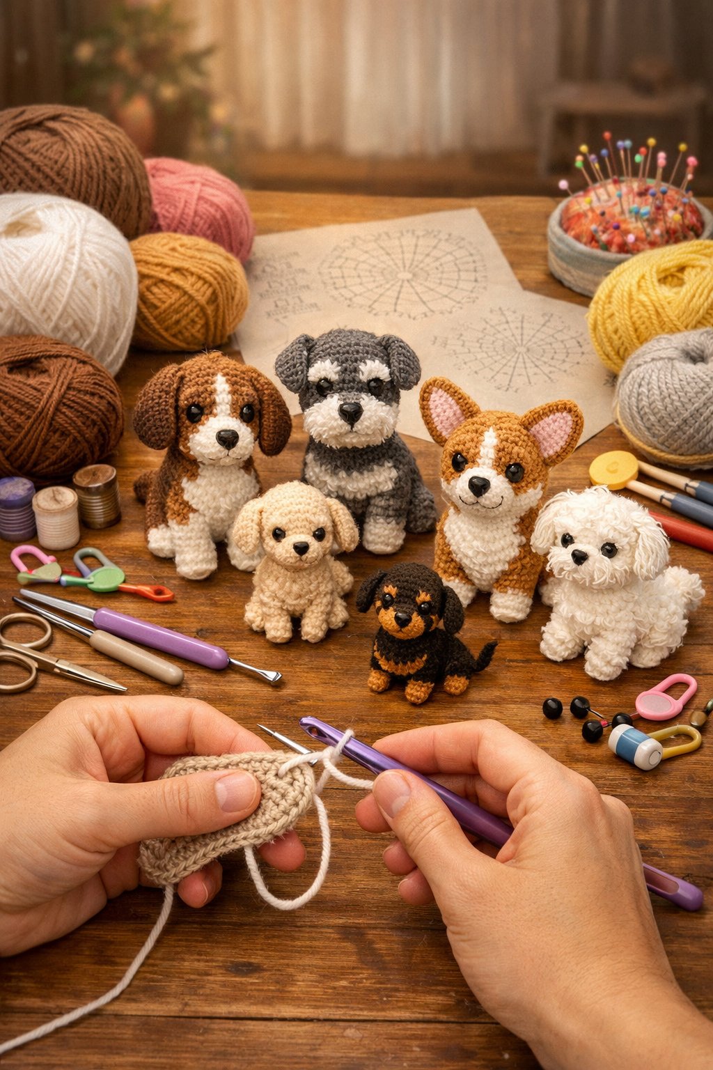 A table with crochet tools, colorful yarn, and small crocheted dog figures, with hands demonstrating crochet techniques.