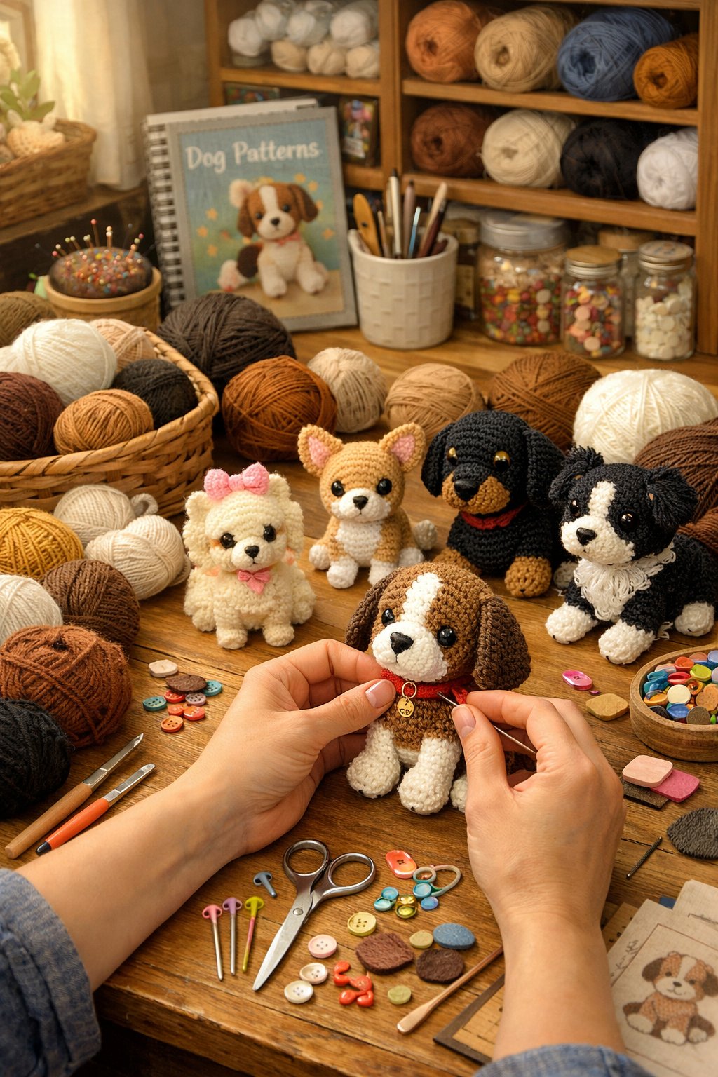 A crafting workspace with yarn, crochet tools, and several handmade crochet dogs being customized.