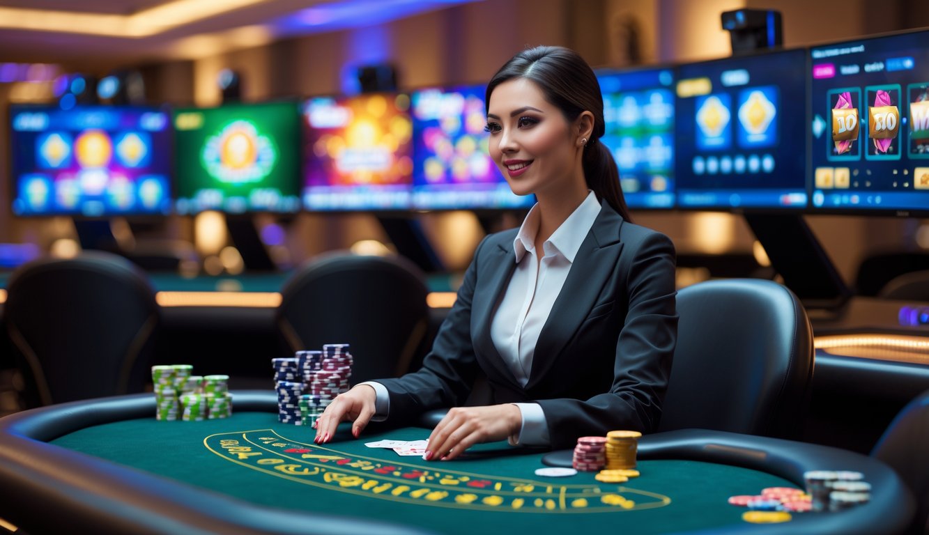 Seorang dealer wanita profesional di meja kasino dengan kartu dan chip, berinteraksi secara langsung melalui webcam dalam suasana kasino online.