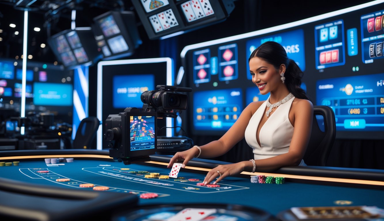 Seorang dealer wanita sedang membagikan kartu di studio kasino online modern dengan kamera dan layar besar di latar belakang.