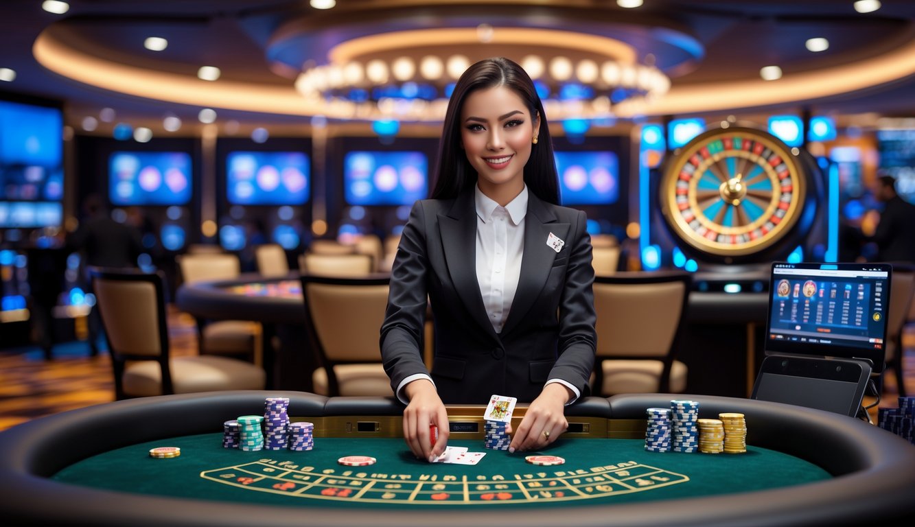 Seorang dealer wanita profesional di meja kasino langsung dengan kartu dan chip, suasana kasino modern dan terang.