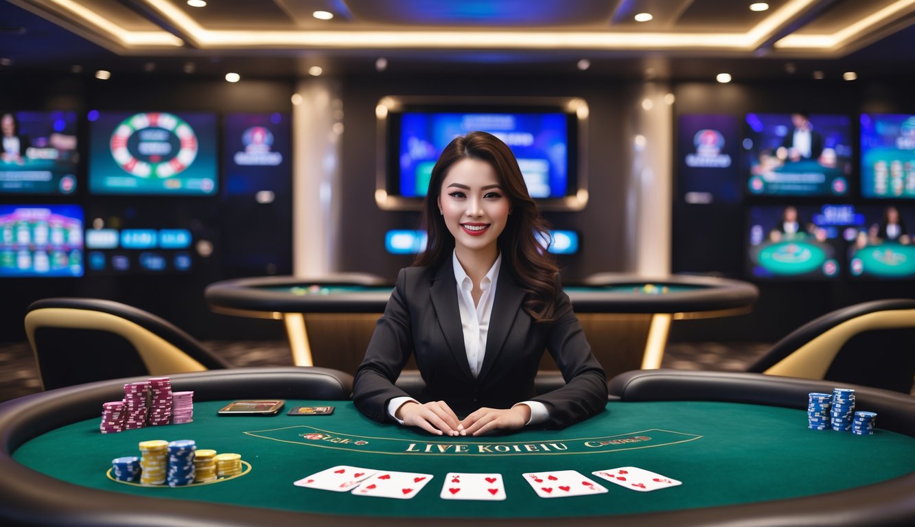 Seorang dealer wanita tersenyum di meja poker dengan kartu dan chip, di studio kasino online dengan layar besar di latar belakang.