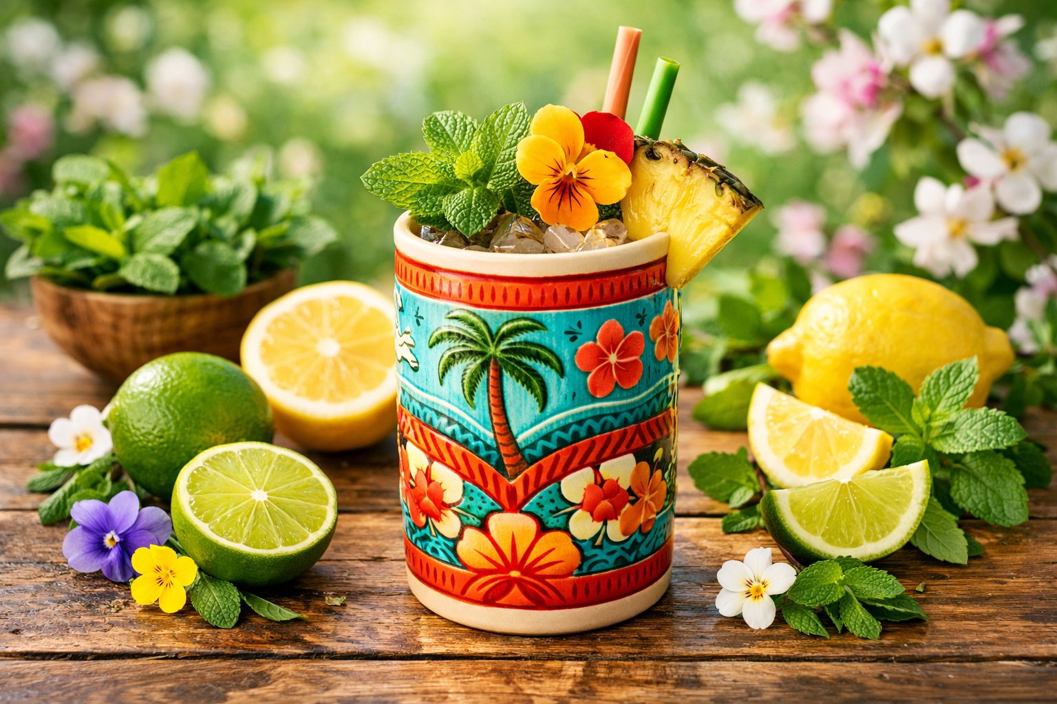 A tiki drink garnished with pineapple, mint, and a flower on a wooden table surrounded by fresh citrus fruits, mint leaves, and herbs.