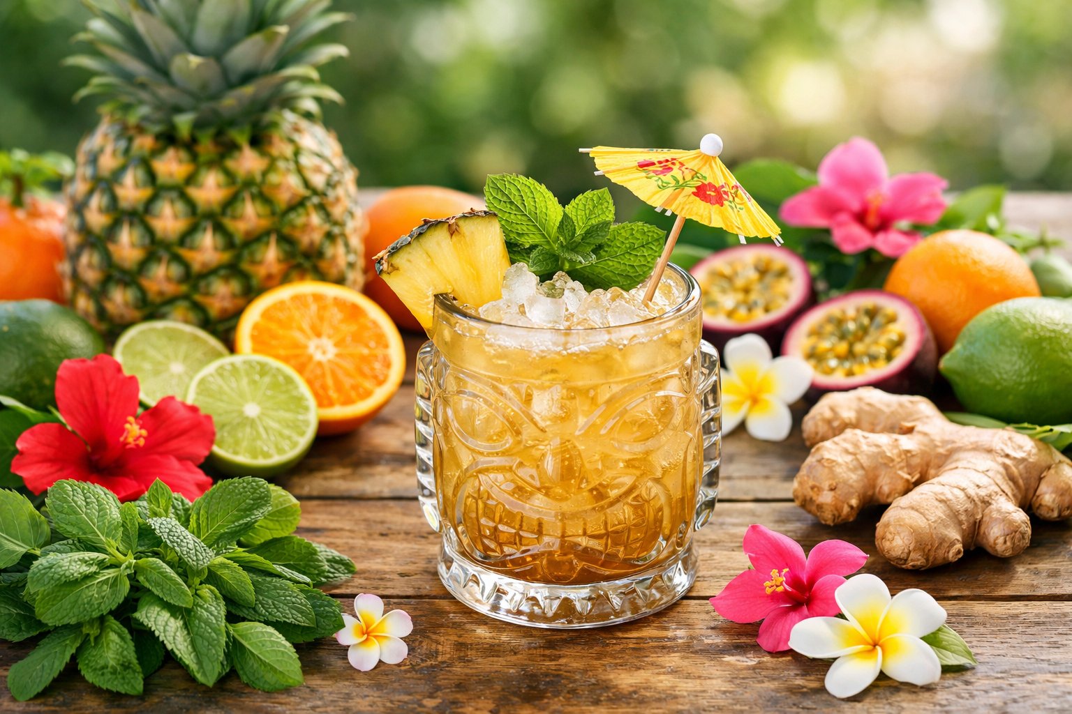 A wooden table with fresh tropical fruits, herbs, and a tiki cocktail garnished with pineapple and mint.