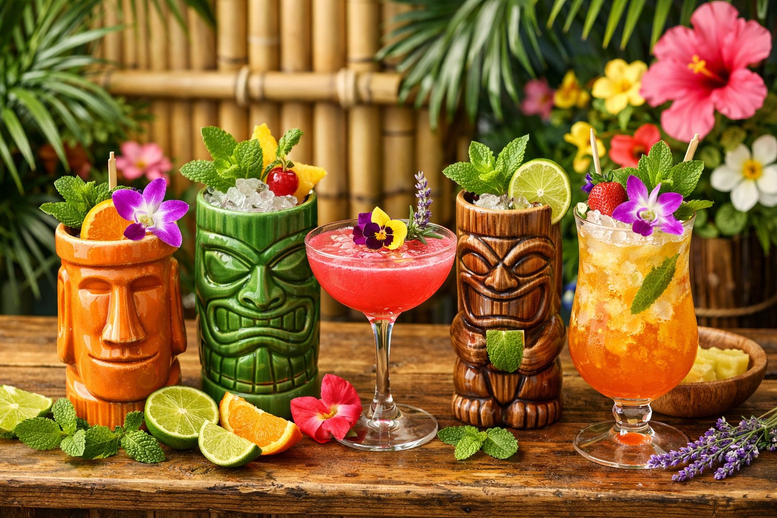 A tiki bar counter with colorful cocktails garnished with fresh herbs, citrus slices, and flowers surrounded by tropical decor.