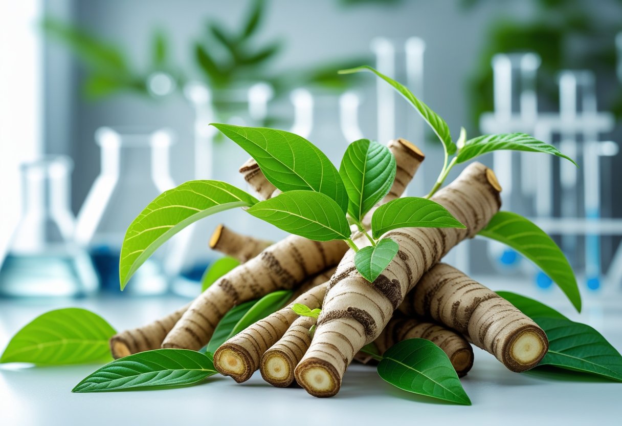 Fresh Astragalus roots and green leaves arranged on a white surface with a blurred laboratory background.