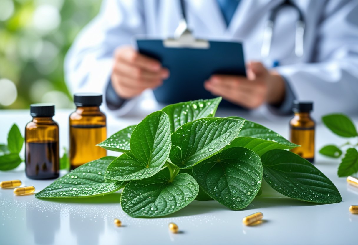 Close-up of fresh Bacopa Monnieri leaves with herbal supplement bottles and a person in a lab coat holding a clipboard in the background.