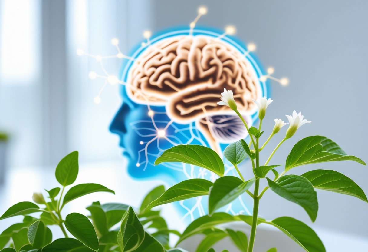 Close-up of Bacopa Monnieri plant with a faint human silhouette showing highlighted brain and nervous system in the background.