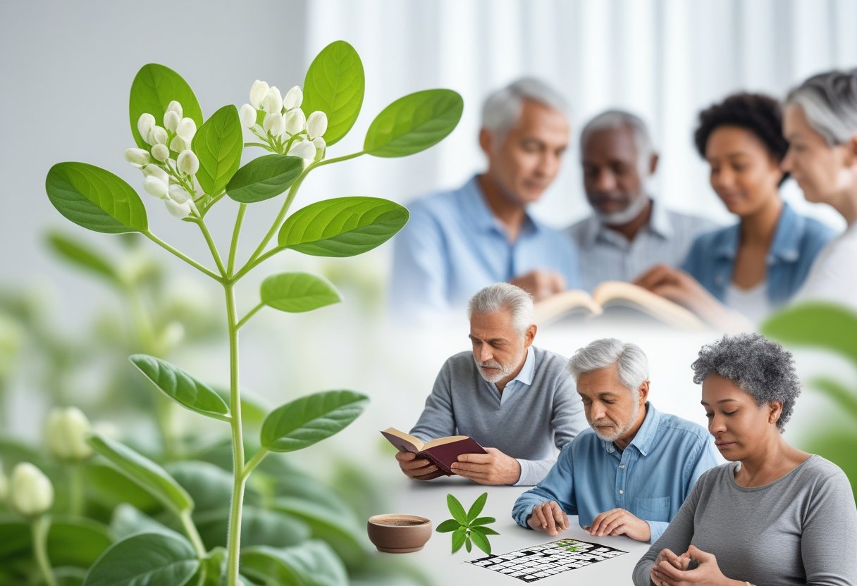Close-up of Bacopa Monnieri plant with people reading, solving puzzles, and meditating in the background.