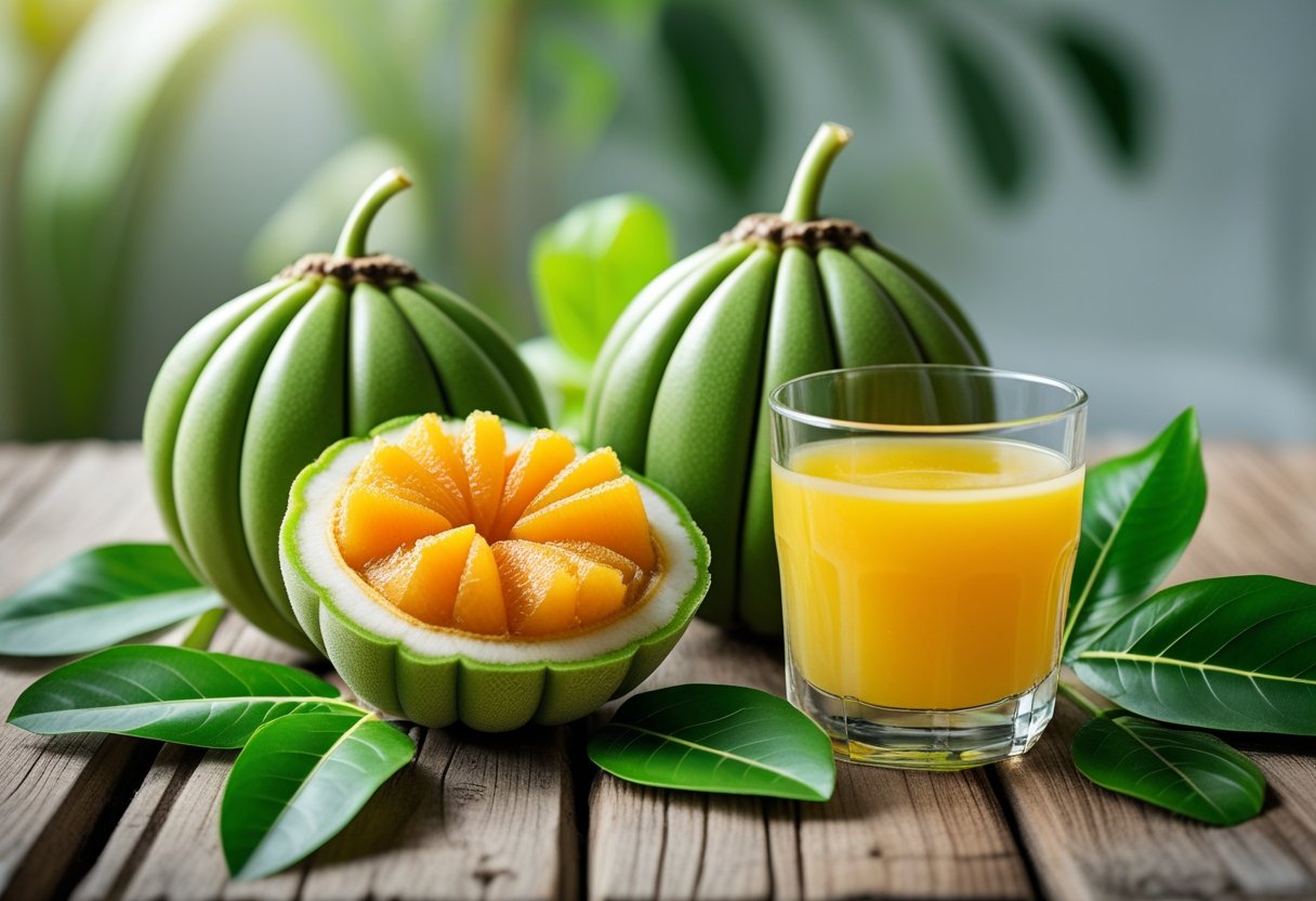 Fresh bael fruit cut open with green leaves and a glass of bael juice on a wooden table.