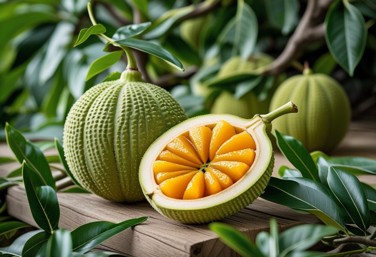 Fresh bael fruit cut open showing orange pulp, surrounded by green bael tree leaves and whole bael fruits.