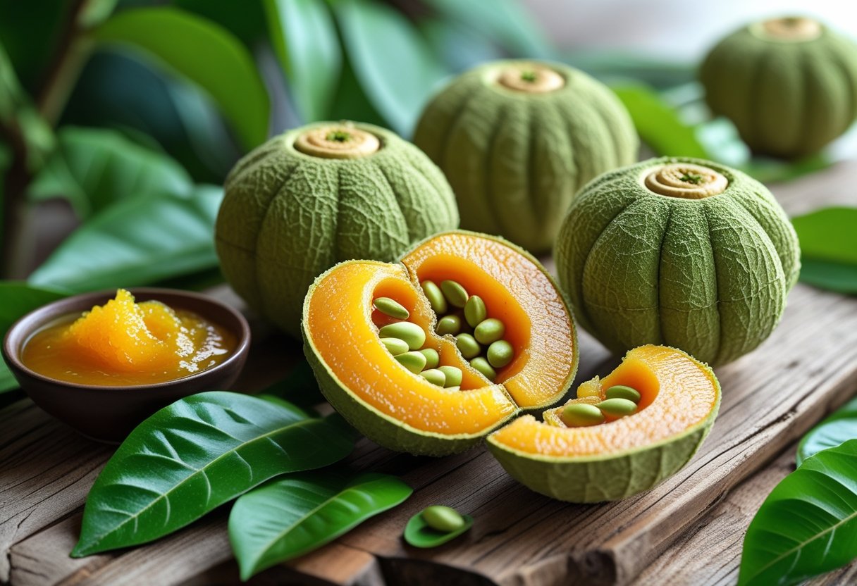 Fresh bael fruits with one cut open showing orange pulp and seeds, arranged with green leaves and a bowl of bael pulp on a wooden surface.