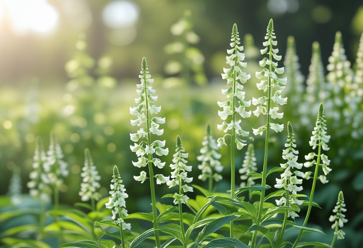 Close-up of black cohosh plants with white flowers in a natural outdoor setting.