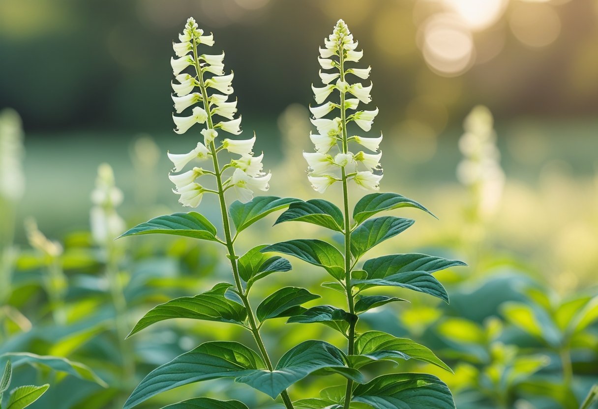 Close-up of black cohosh plant with green leaves and white flowers in natural sunlight.
