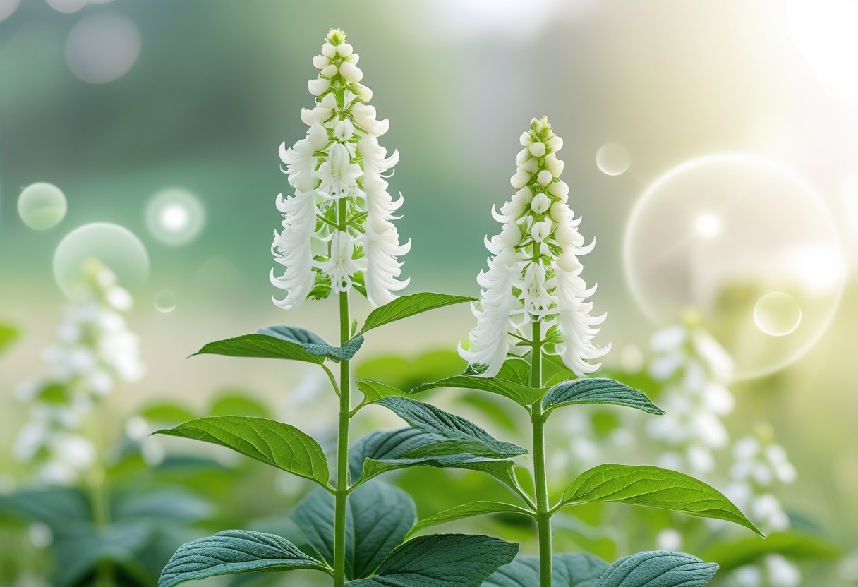 Close-up of Black Cohosh plants with white flowers and green leaves in a natural outdoor setting.