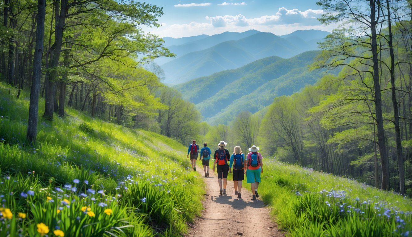 A group of hikers walking on a forest trail surrounded by blooming wildflowers and green trees in the Great Smoky Mountains during spring.