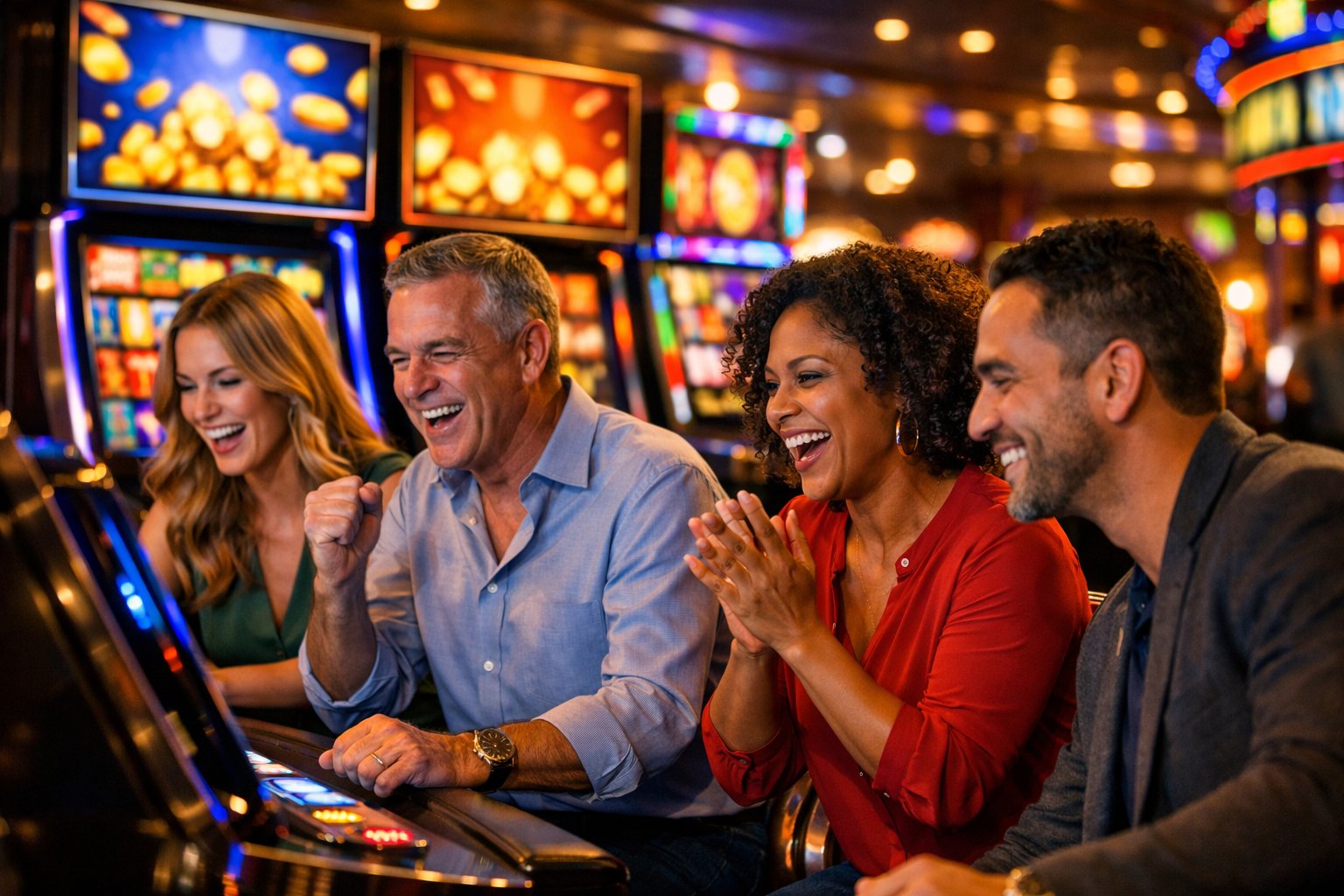 People Enjoying A Lively Casino With Slot Machines And Digital Displays Showing Promotions.