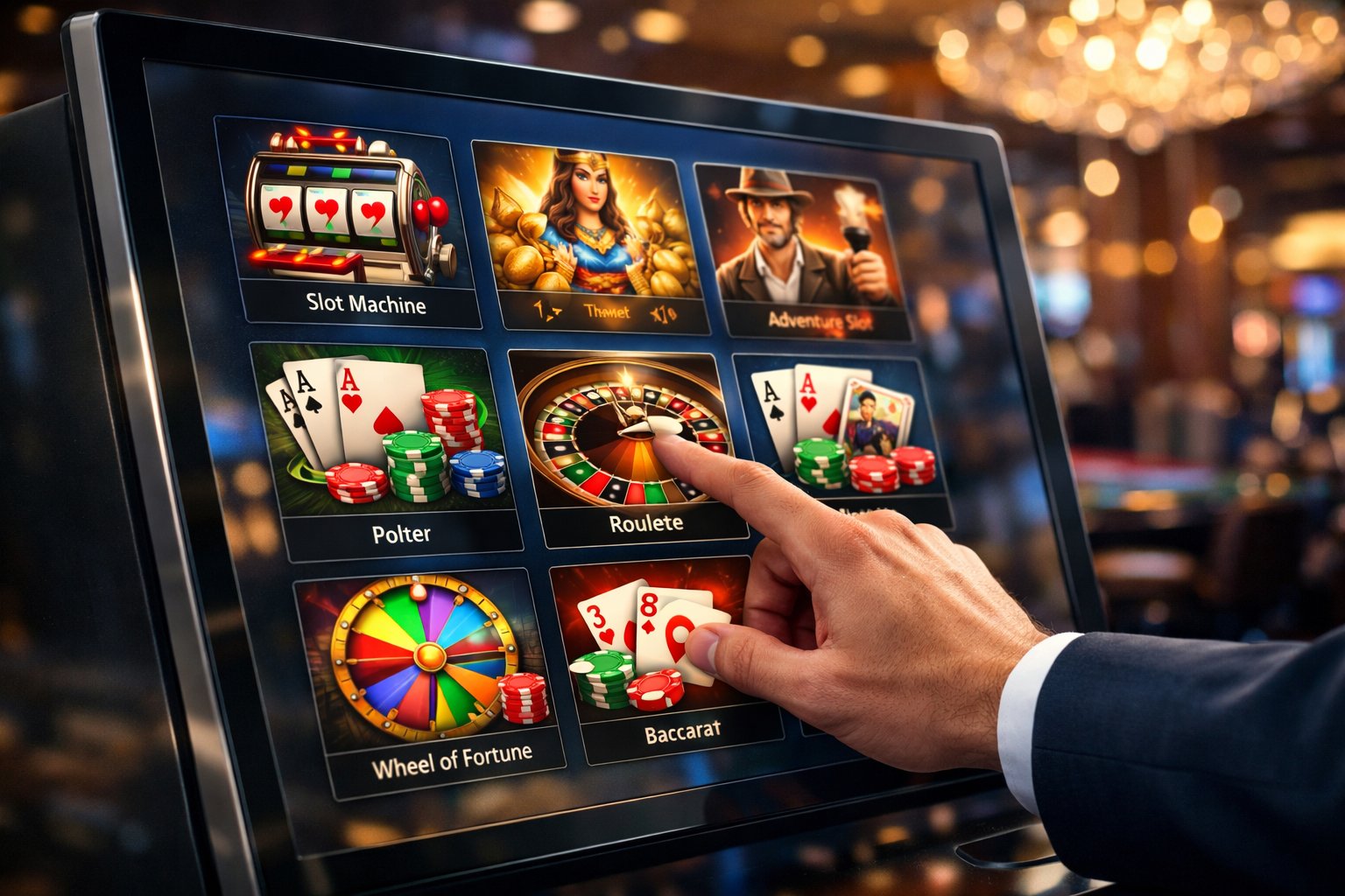 A Person Selecting Casino Games On A Large Touchscreen In A Stylish Casino Setting.