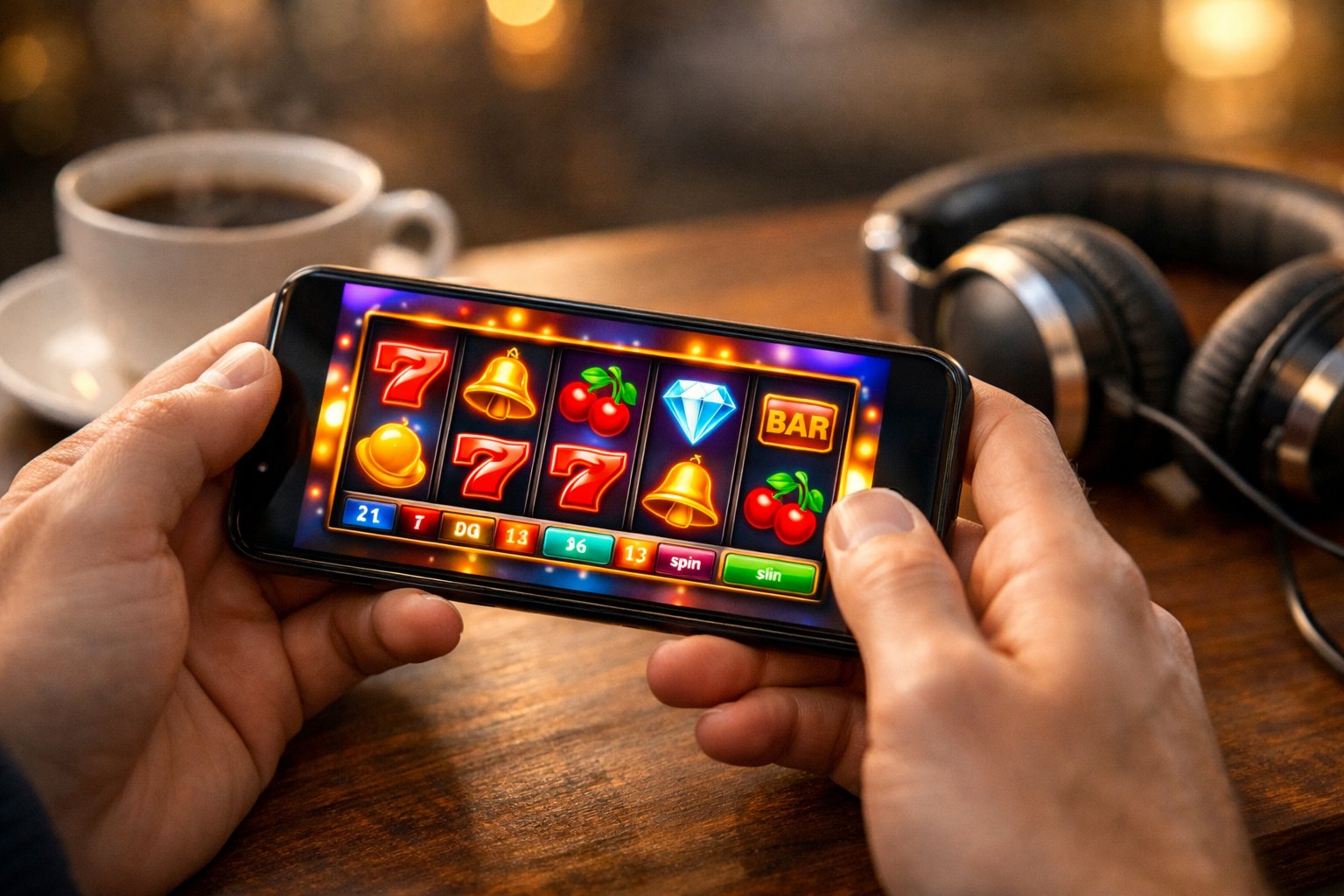A Person Holding A Smartphone Showing A Colorful Casino Game, With A Coffee Cup And Headphones On A Table Nearby.