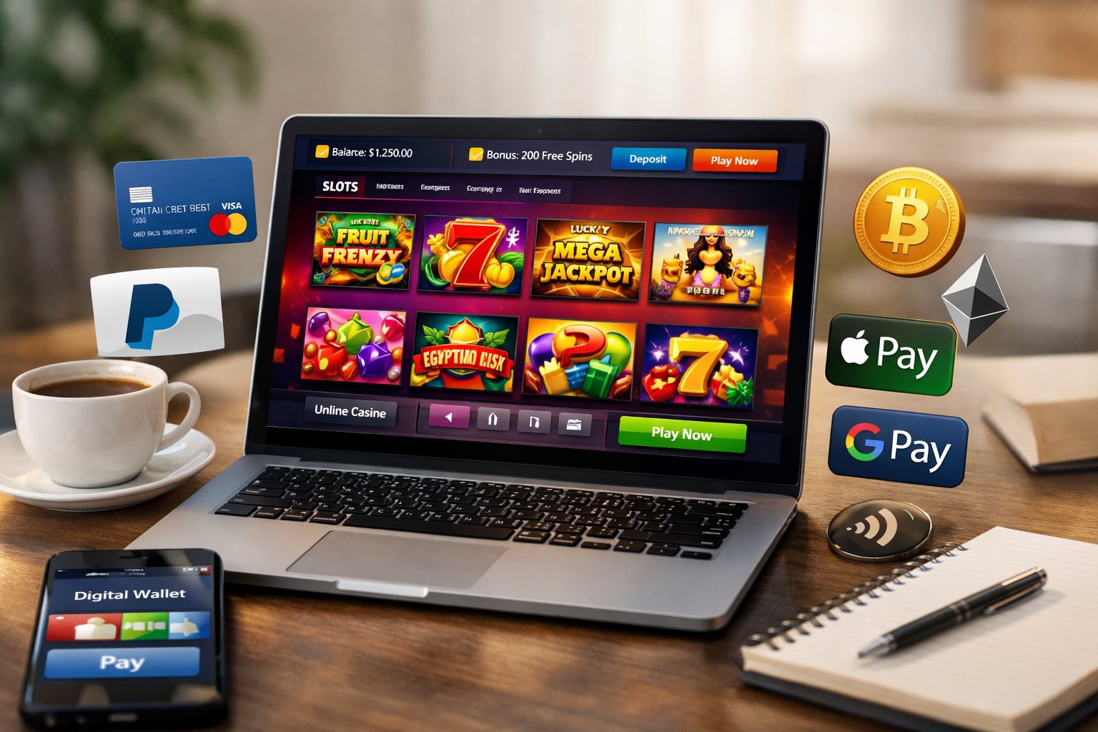 A Laptop Showing An Online Casino Website With Various Payment Method Icons Around It On A Desk With A Coffee Cup And Notebook.