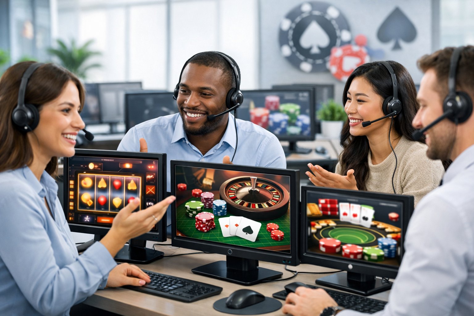 Customer Support Agents Wearing Headsets Working At Computers In A Modern Office Environment Focused On Online Casino Assistance.