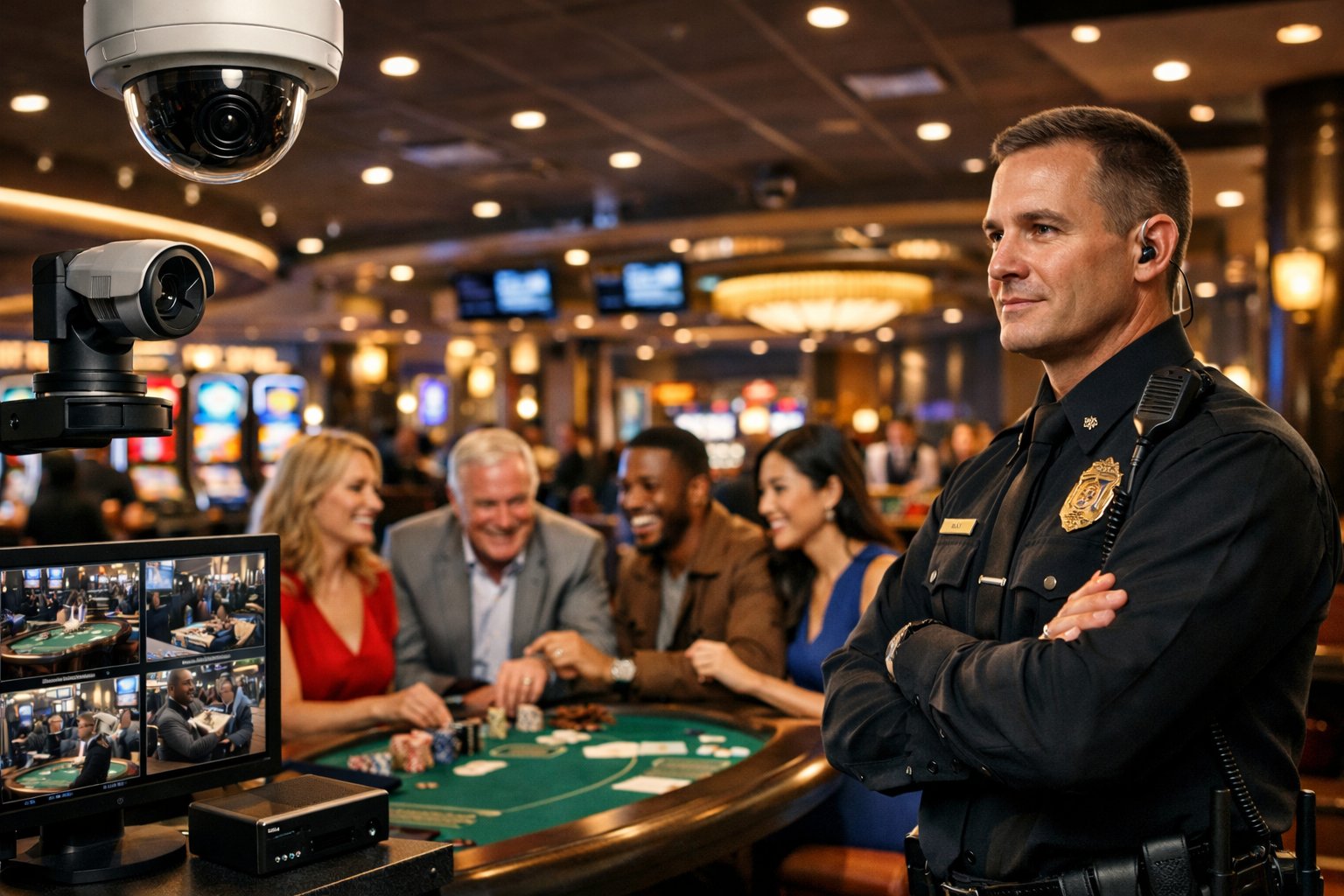 A Casino Floor With A Security Officer Watching Over Gaming Tables Where Players Are Enjoying Games, Conveying A Safe And Fair Environment.