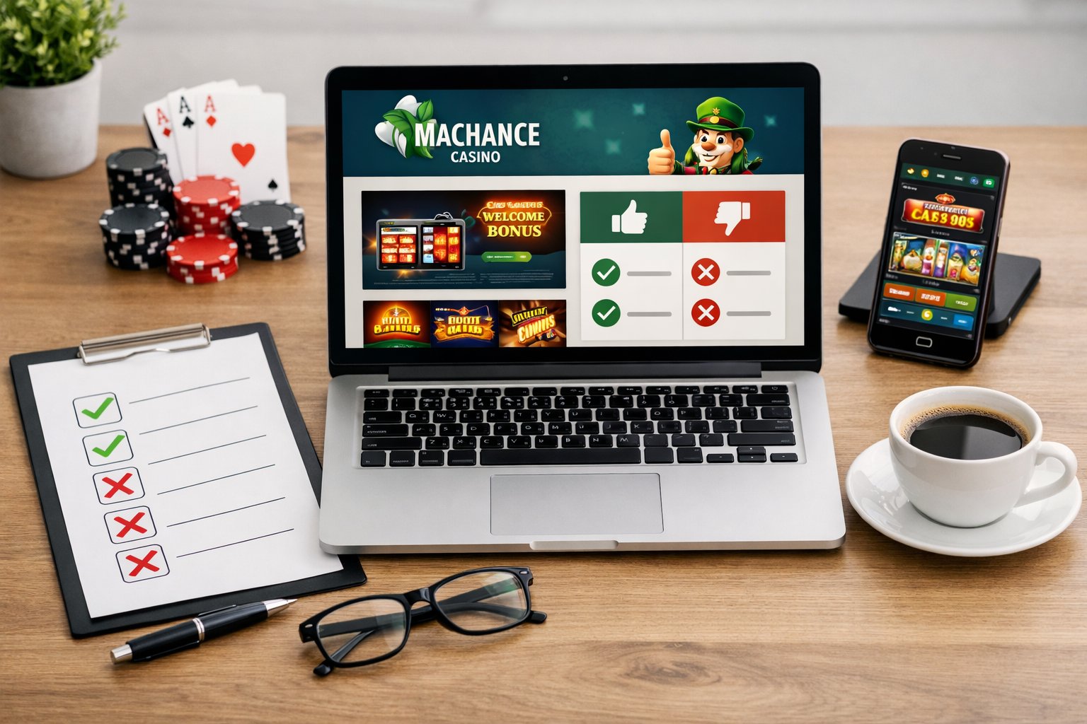 A Laptop On A Desk Surrounded By A Checklist, Pen, Eyeglasses, Coffee Cup, Poker Chips, Playing Cards, And A Smartphone, Representing An Evaluation Of An Online Casino.