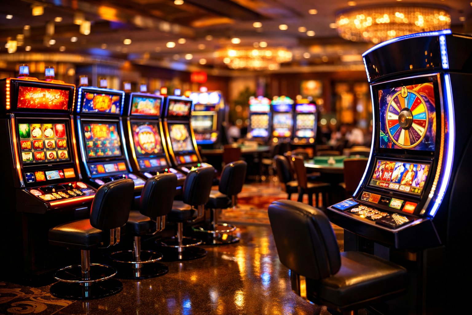 A Casino Interior With Colorful Slot Machines And Gaming Tables Under Warm Lighting.