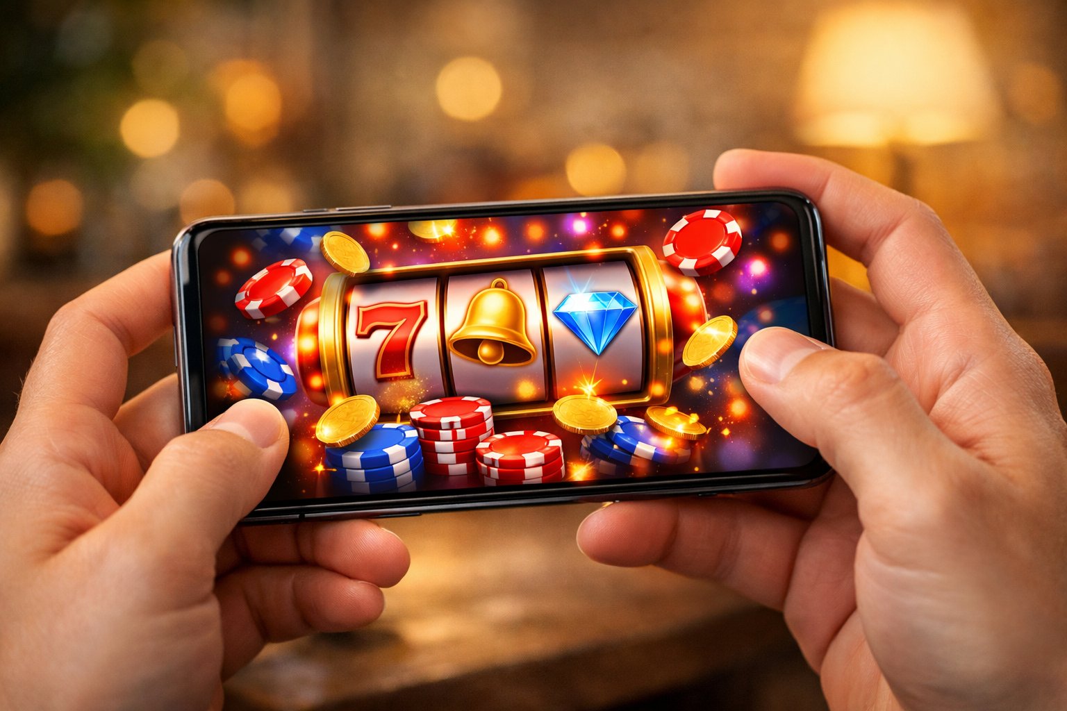 Person Holding A Smartphone Displaying A Colorful Casino Game With Slot Reels And Chips In A Cozy Indoor Setting.