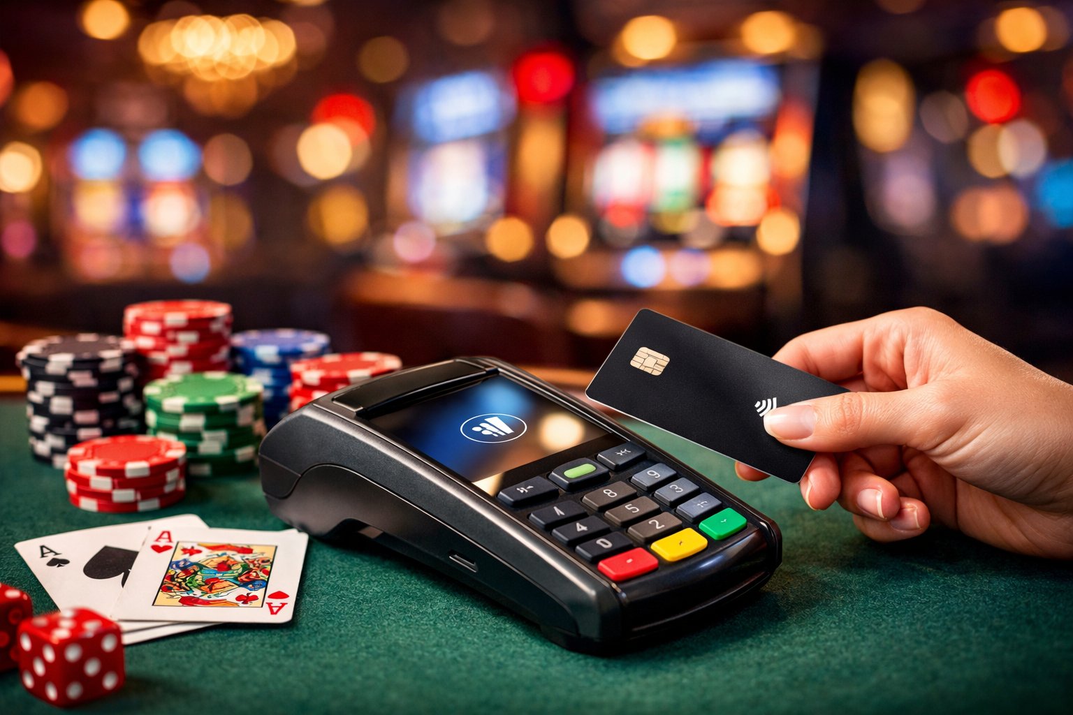 A Hand Holding A Credit Card Near A Payment Terminal On A Casino Table With Poker Chips And Playing Cards.