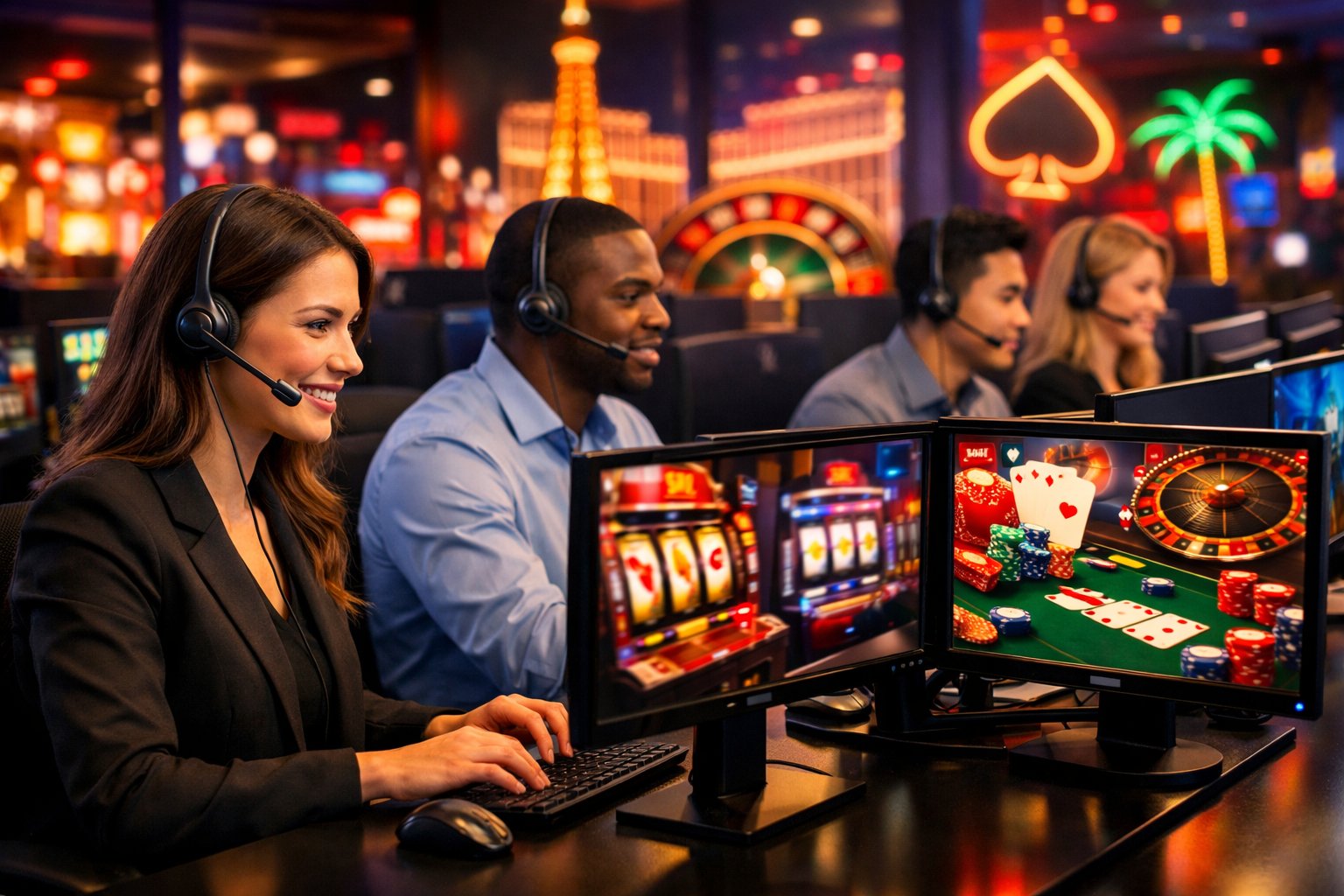 Customer Support Team Wearing Headsets Working At Computers In A CasinoThemed Office Environment.