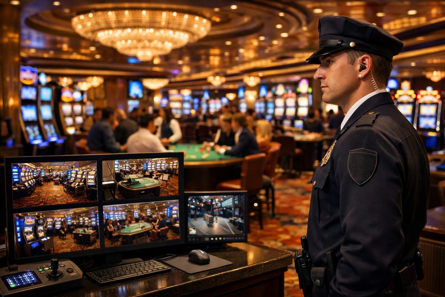 A Casino Floor With Slot Machines And Gaming Tables, A Security Guard Monitoring Surveillance Screens, And Players Enjoying Games In A WellLit Environment.