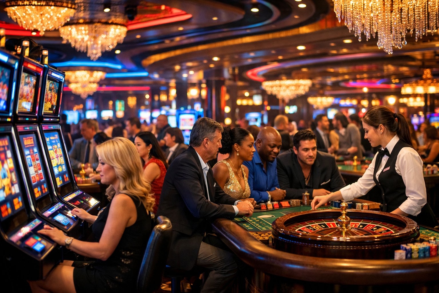 A Busy Casino Floor With People Playing Slot Machines And A Roulette Table Under Bright Lights.