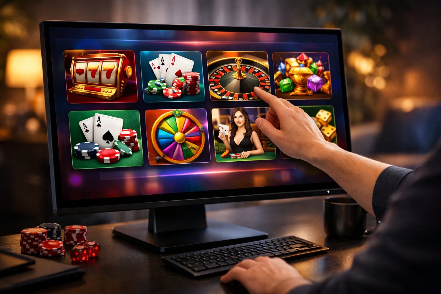 A Person Selecting Casino Games On A Large Computer Screen In A Modern Gaming Room.