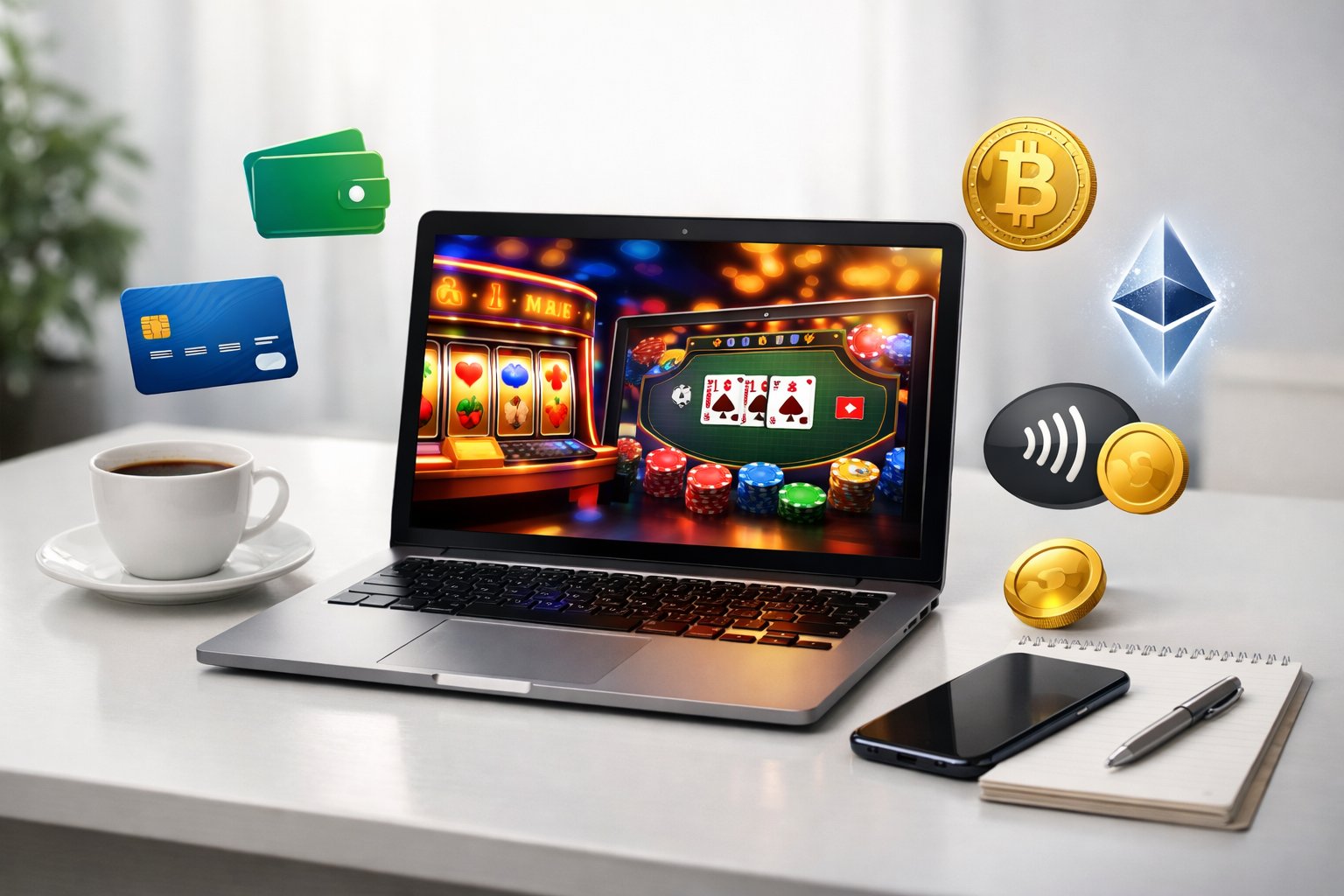A Laptop Showing A Casino Game Interface Surrounded By Icons Representing Different Payment Methods On A Clean Desk.