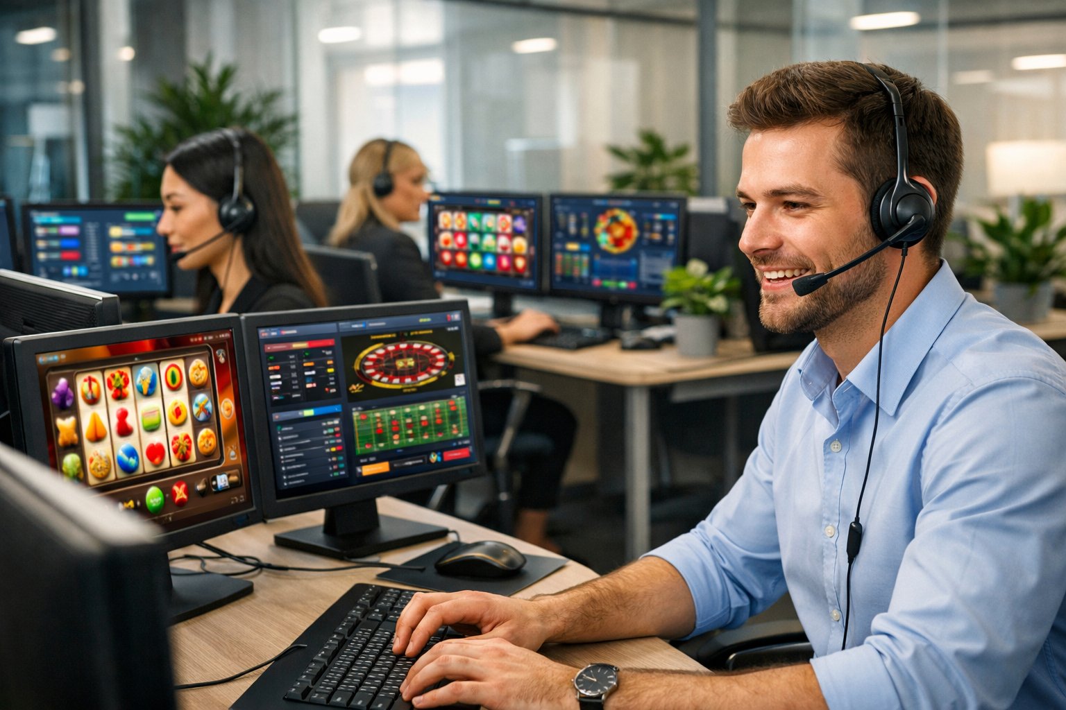Customer Support Representatives Wearing Headsets Working At Computers In A Modern Office Environment.