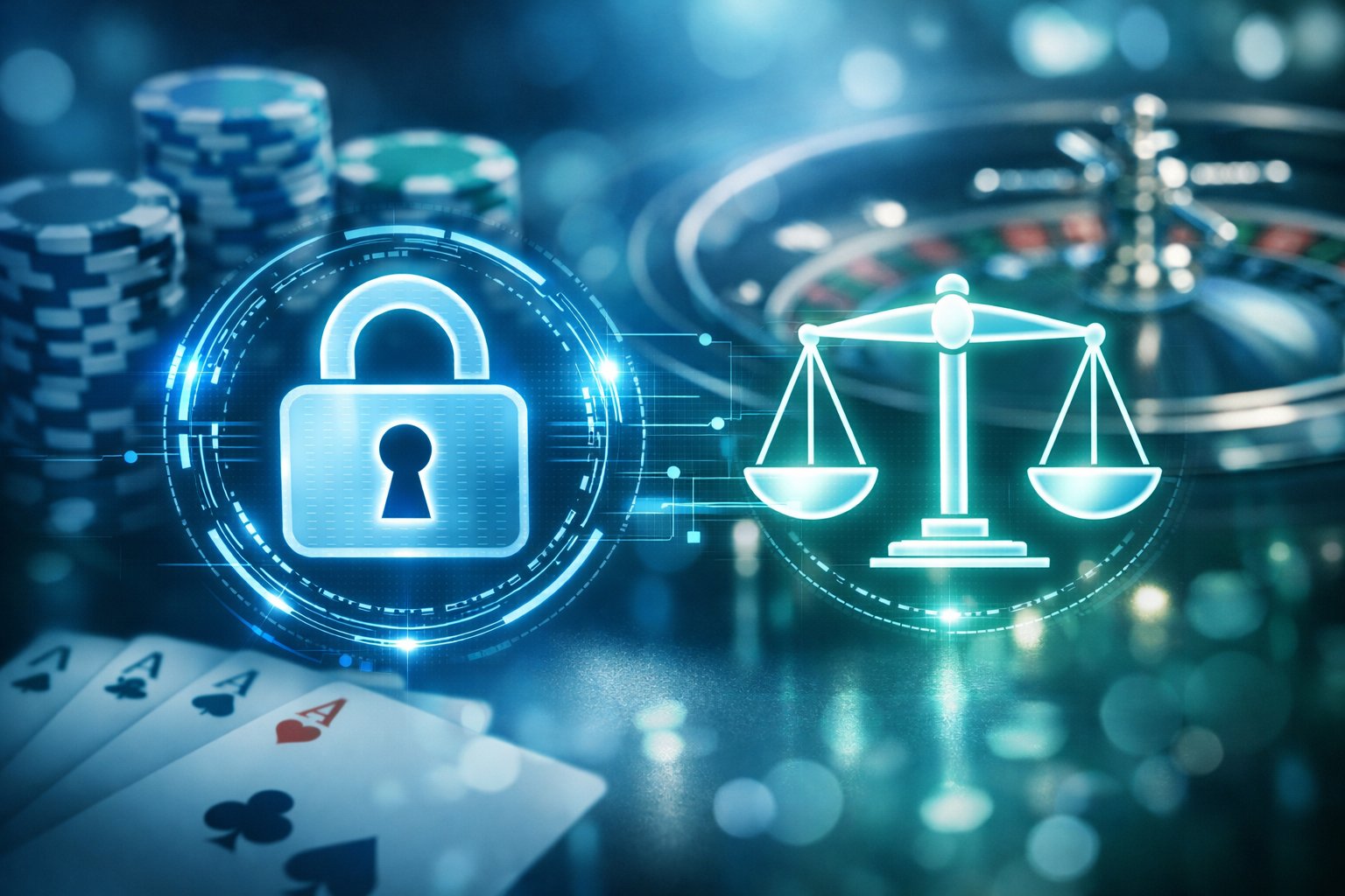 A Digital Interface Showing A Secure Lock And Balanced Scales Over Blurred Casino Elements Like Poker Chips And Cards.