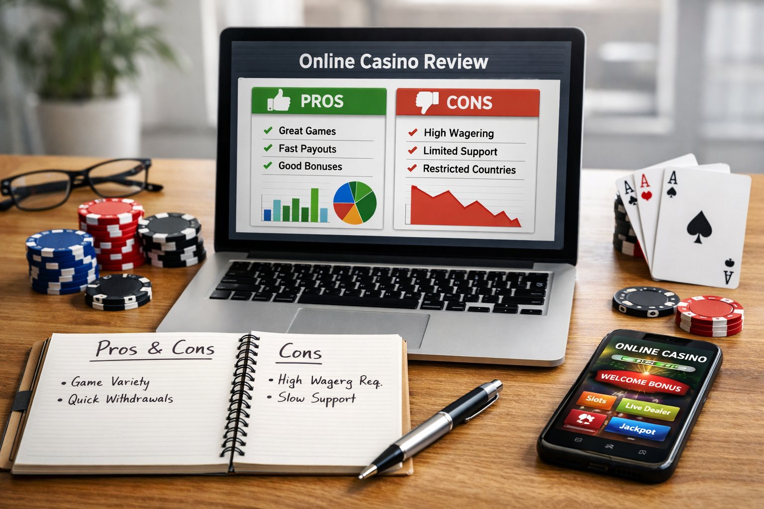 A Workspace With A Laptop, Notebook, Pen, Poker Chips, Playing Cards, And A Smartphone On A Desk.