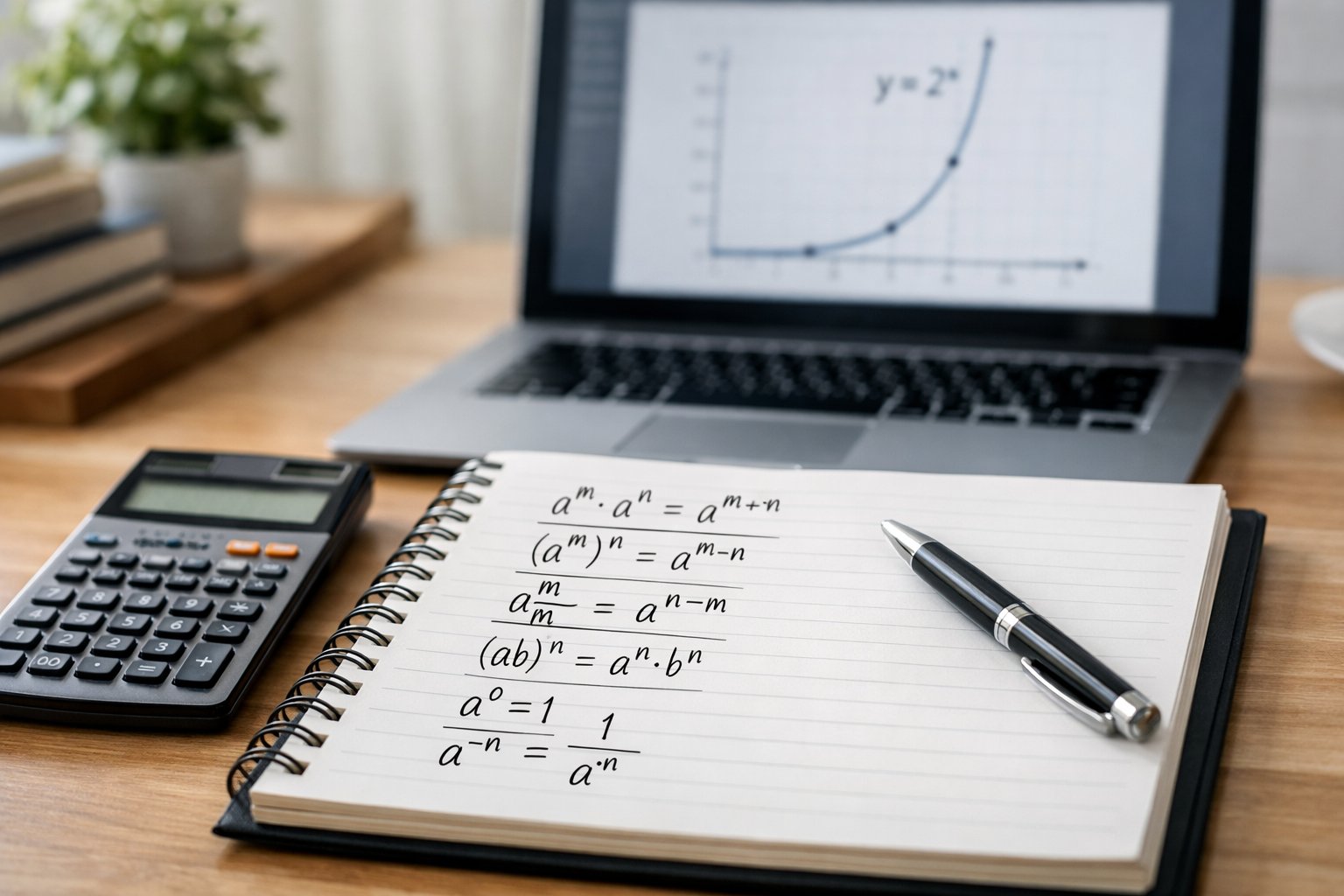 Radni stol s otvorenom bilježnicom koja prikazuje matematičke formule i kalkulatorom pored nje.