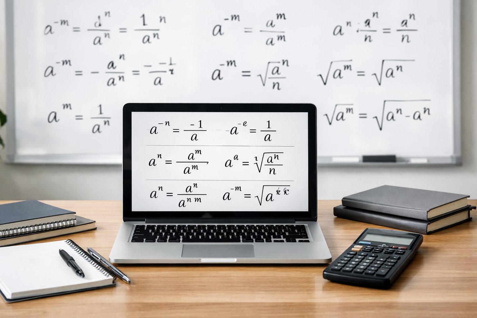 Radni stol s prijenosnim računalom koje prikazuje matematičke formule, bilježnicama, kalkulatorom i pločom s matematičkim jednadžbama u pozadini.