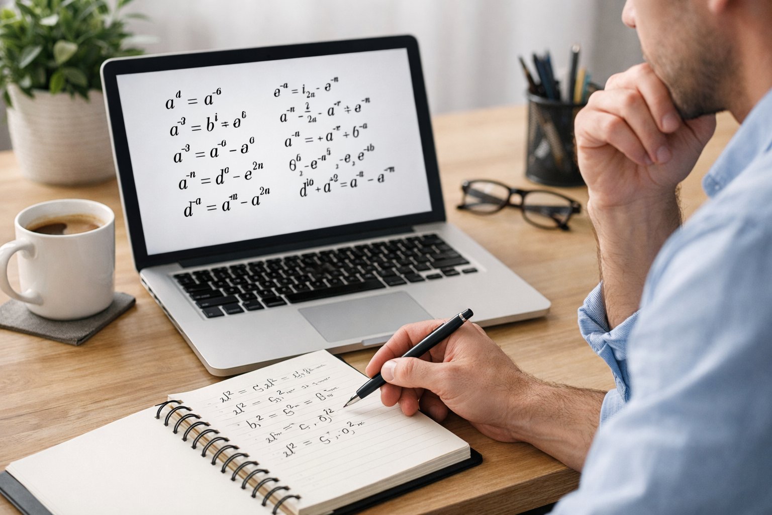 Osoba za uredskim stolom proučava matematičke formule i bilješke o potencijama u modernom radnom prostoru.