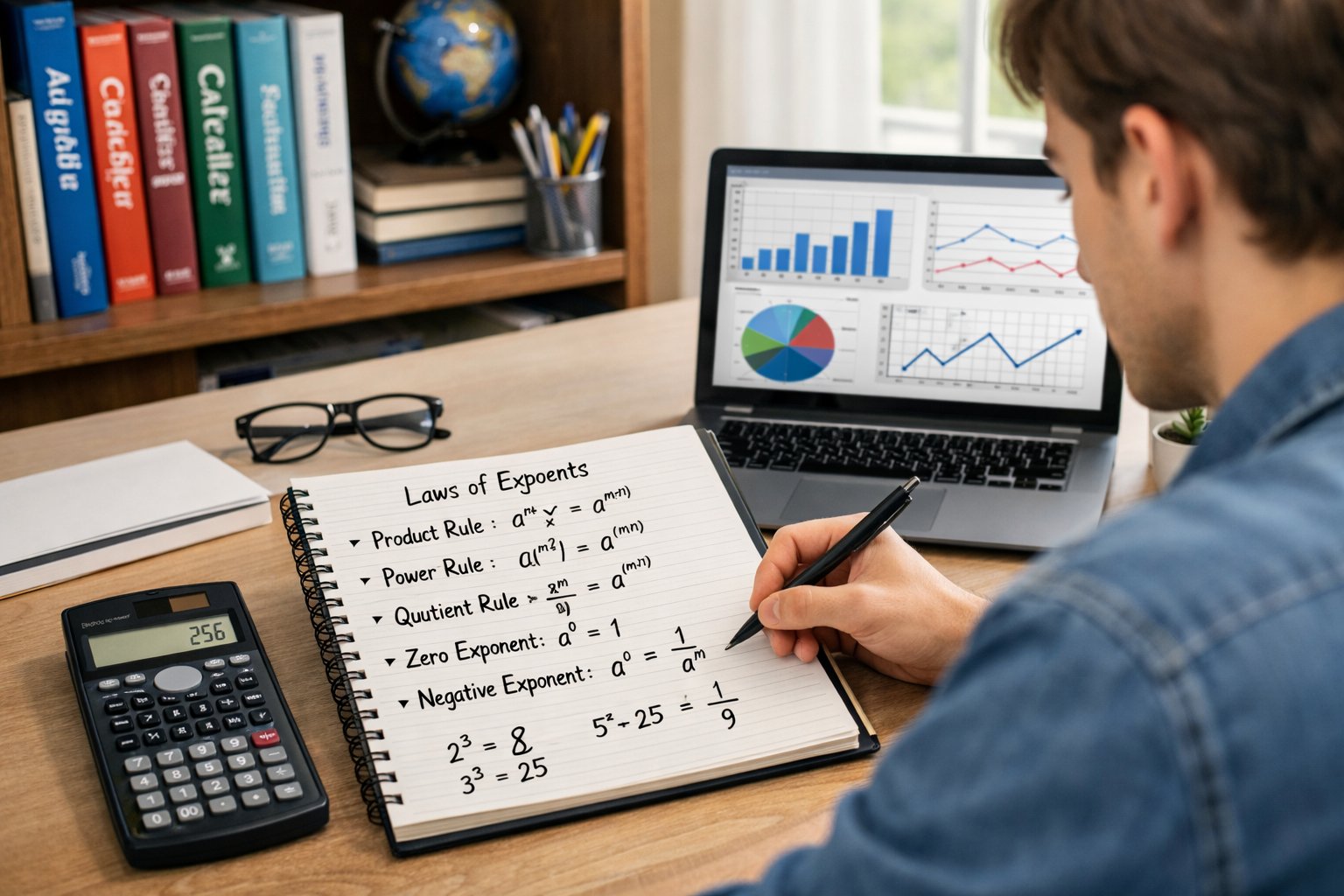 Osoba sjedi za stolom i proučava matematičke formule o potencijama u uredskom prostoru.