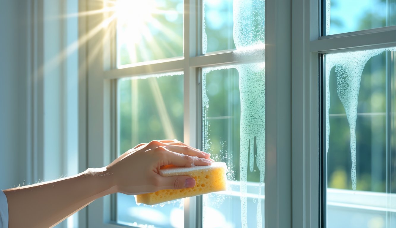 Ruka čisti okvir prozora spužvom s vrlo malo sapuna.